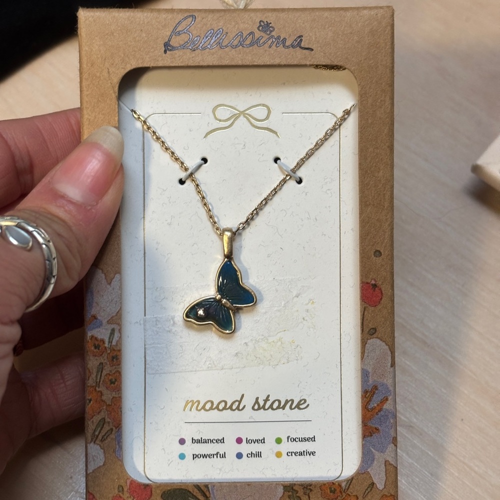 Bellissima Mood Stone necklace with blue butterfly charm